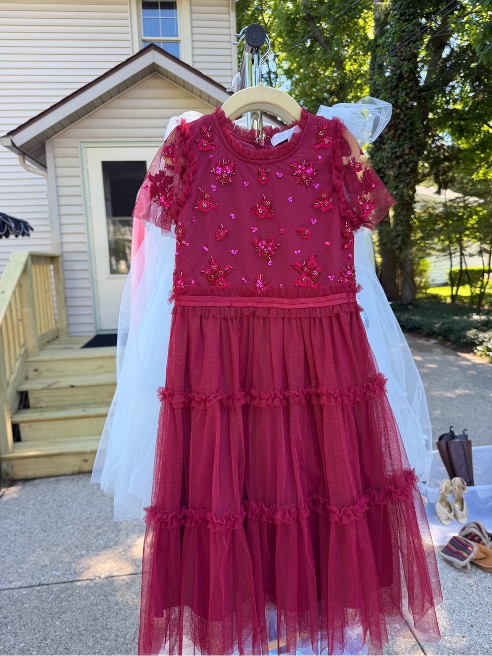 Ivy City Co Girls Burgundy Red Floral Embellished Tulle Dress